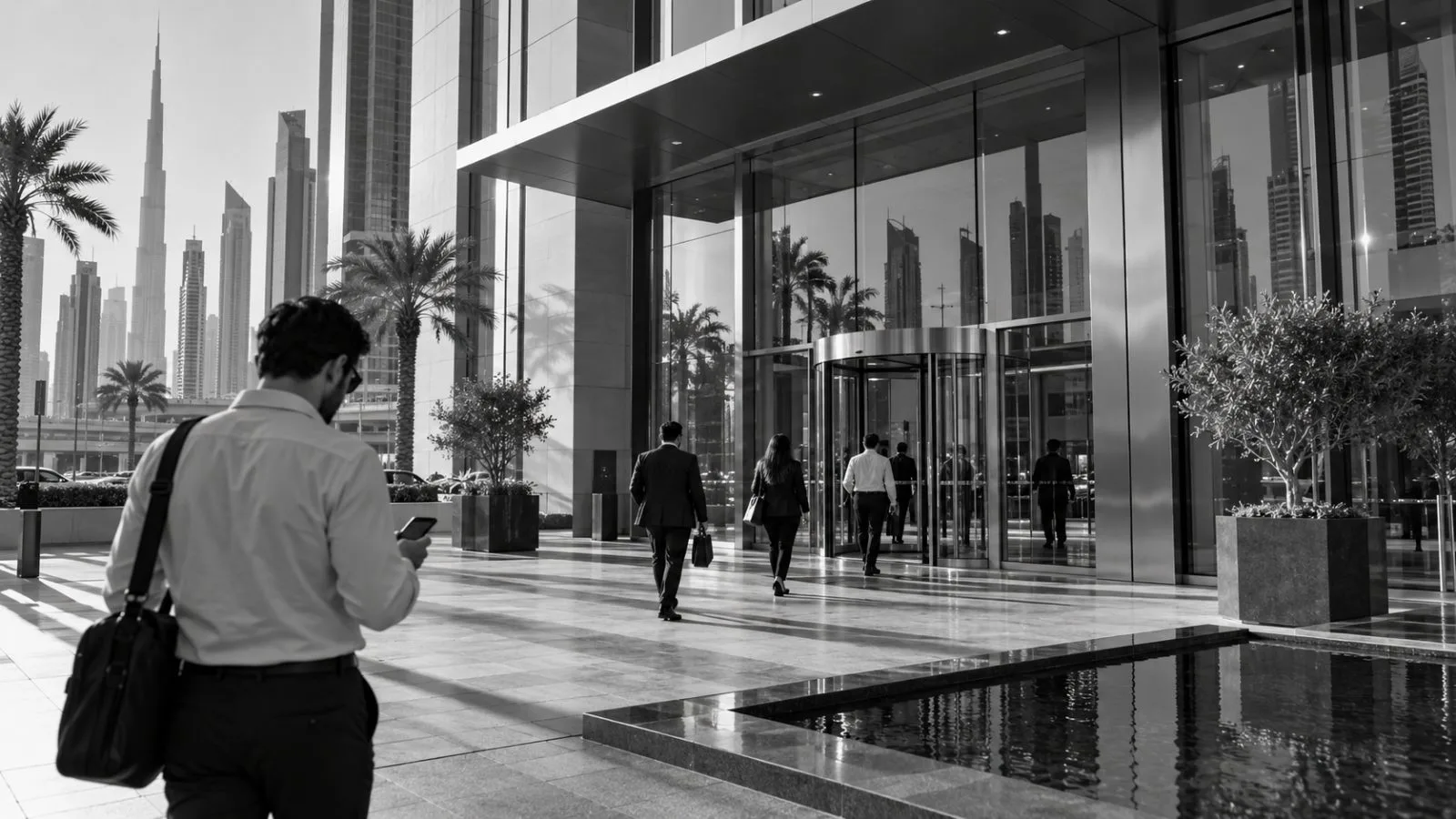 Workers enter a building housing Bybit's offices in Dubai, United Arab Emirates. (AI-generated image / EconoTimes)