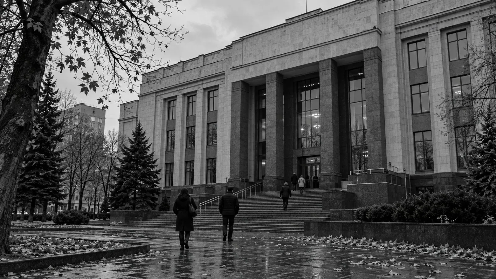 People approach the Voroshilovsky Interdistrict Court on an overcast afternoon in Donetsk, Ukraine. (AI-generated image / EconoTimes)