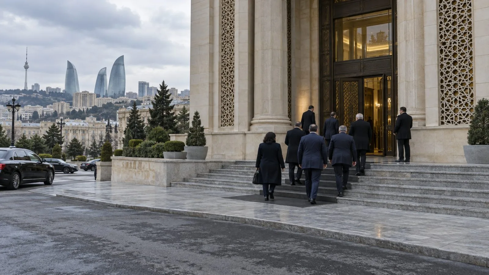 Officials enter a government conference venue in Baku, Azerbaijan, ahead of bilateral talks. (AI-generated image / EconoTimes)