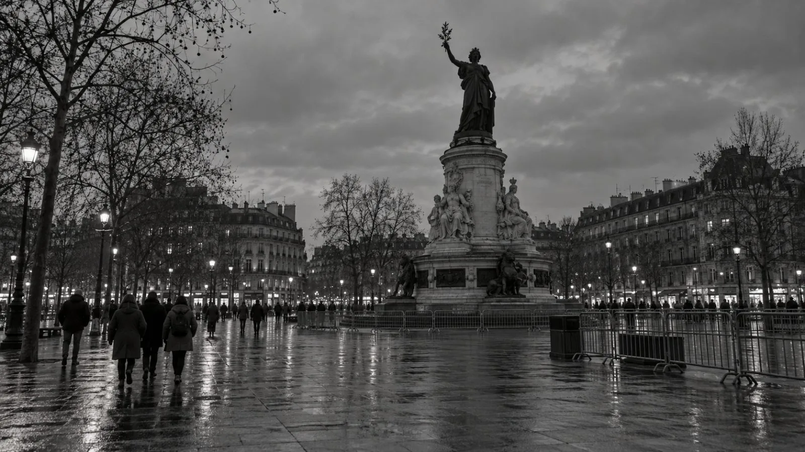 Police barriers line Place de la République as pedestrians leave the Paris square. (AI-generated image / EconoTimes)
