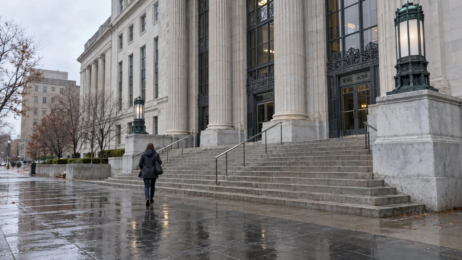 An anonymous visitor approaches a federal courthouse entrance in Syracuse, New York, under overcast skies. (AI-generated image / EconoTimes)
