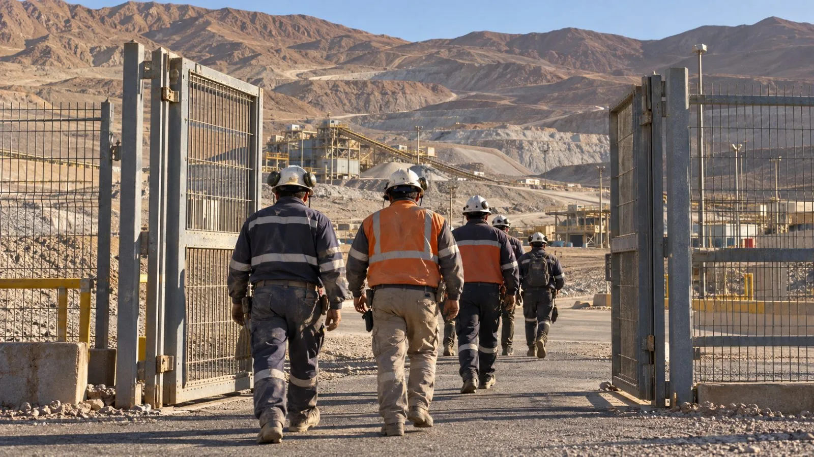 Workers walk through a gate at Minera Centinela near Antofagasta, Chile. / EconoTimes.ai