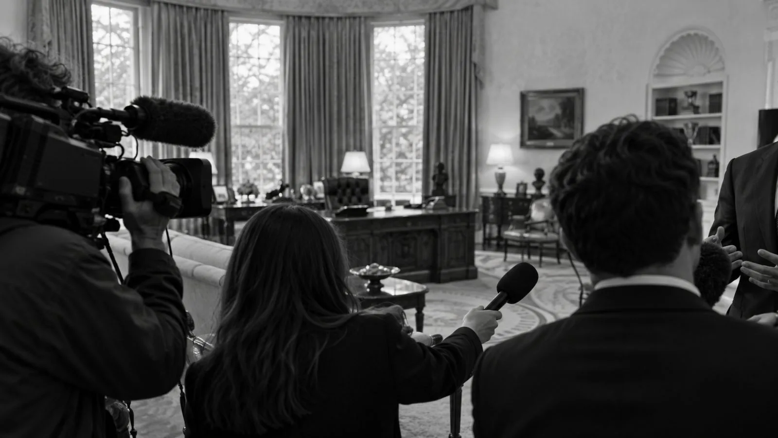 Reporters and camera operators gather during an Oval Office event at the White House in Washington. (AI-generated image / EconoTimes)