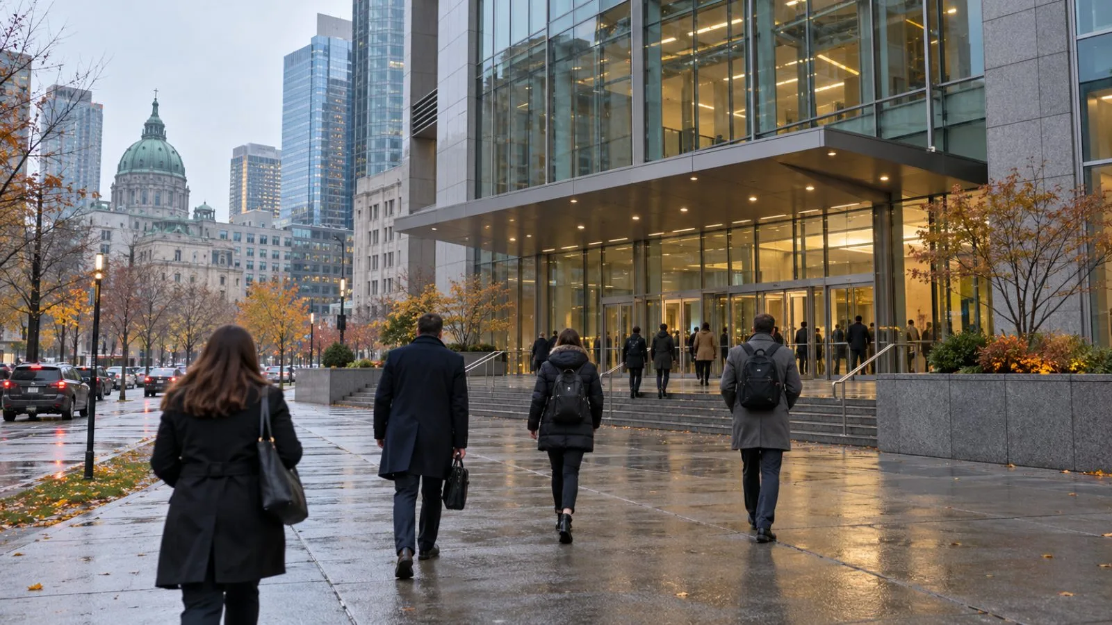 Pedestrians approach a downtown conference venue in Montréal on an overcast autumn afternoon. (AI-generated image / EconoTimes)