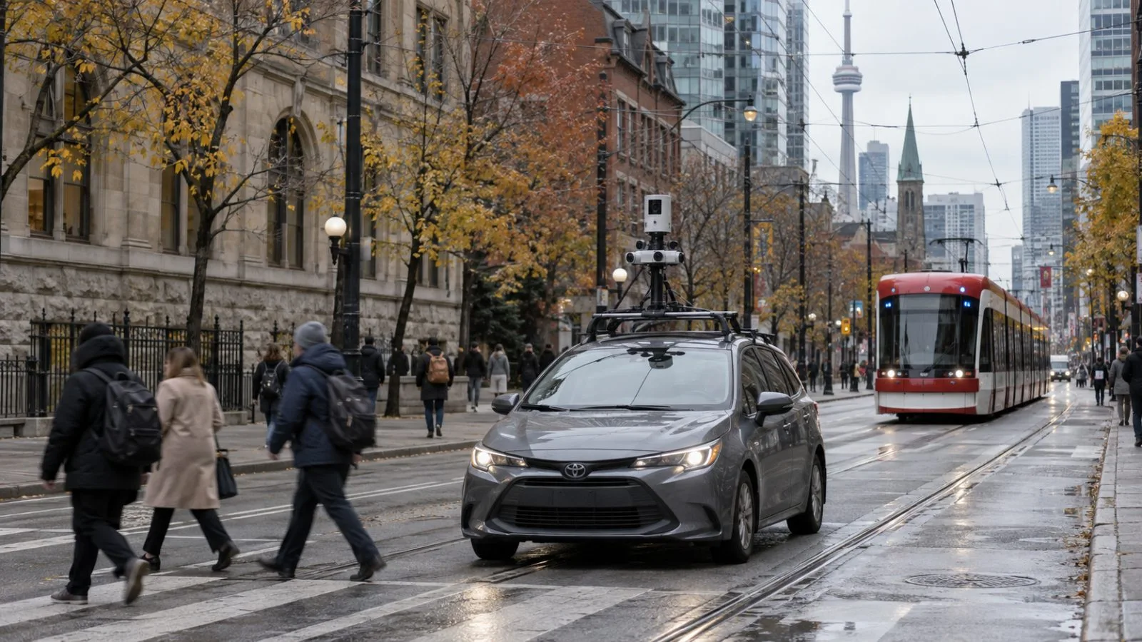 A car travels along a Toronto streetcar corridor on an overcast autumn morning. (AI-generated image / EconoTimes)