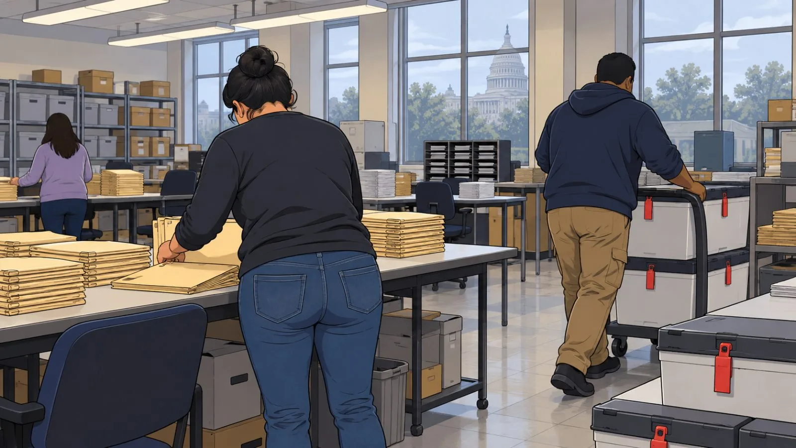 Election workers sort voter-registration materials inside a Washington, D.C., election office. (AI-generated image / EconoTimes)