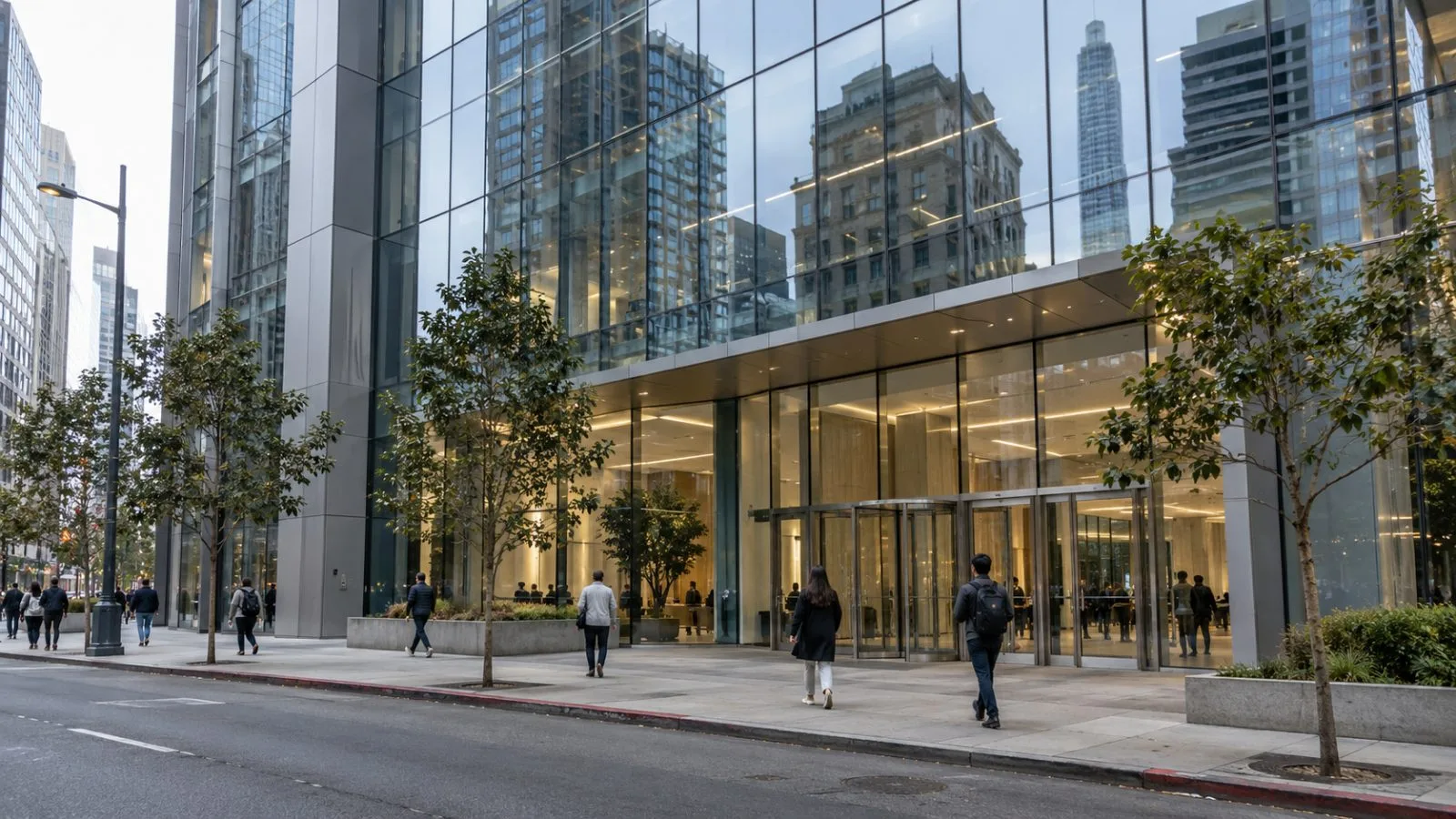 Pedestrians pass a glass office building in San Francisco on an overcast morning (AI-generated image / EconoTimes)