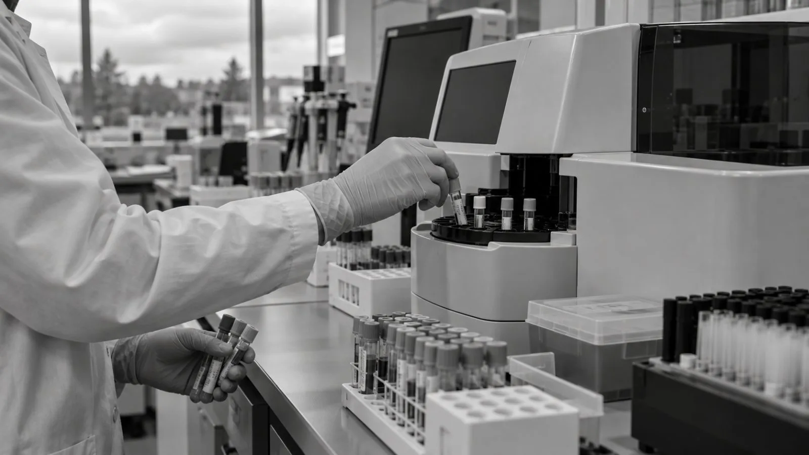 A worker prepares veterinary diagnostic samples at the IDEXX campus in Westbrook, Maine. (AI-generated image / EconoTimes)