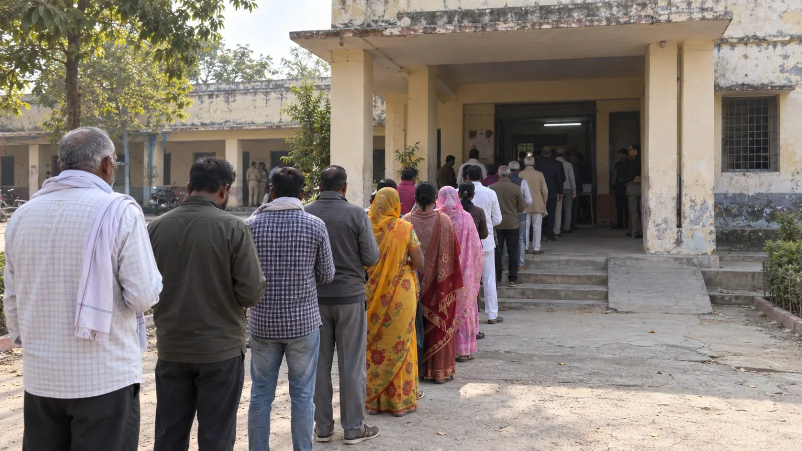 Voters queue outside a government school polling station in Agra, Uttar Pradesh, India (AI-generated image / EconoTimes)