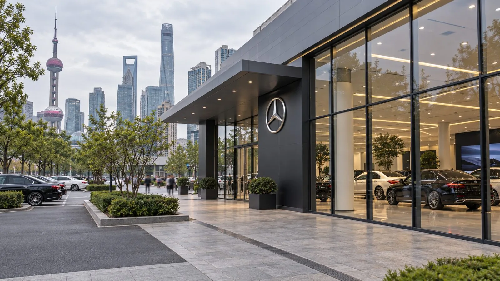 A row of luxury sedans sits outside a dealership in Shanghai, China. / EconoTimes.ai