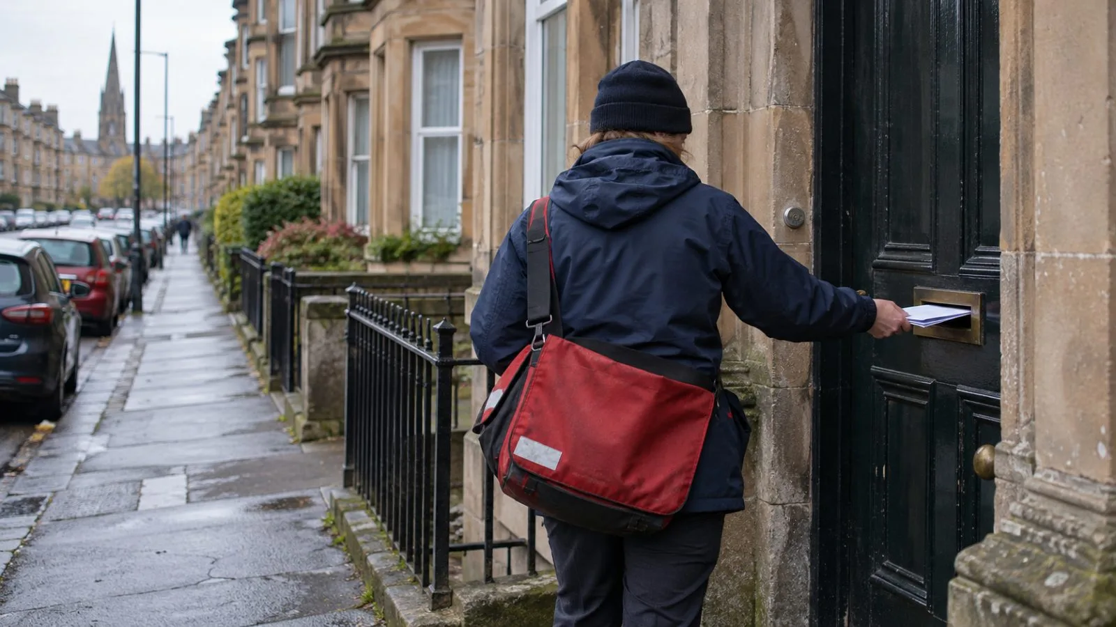 A postal worker delivers mail at a tenement doorway in Glasgow, Scotland. (AI-generated image / EconoTimes)
