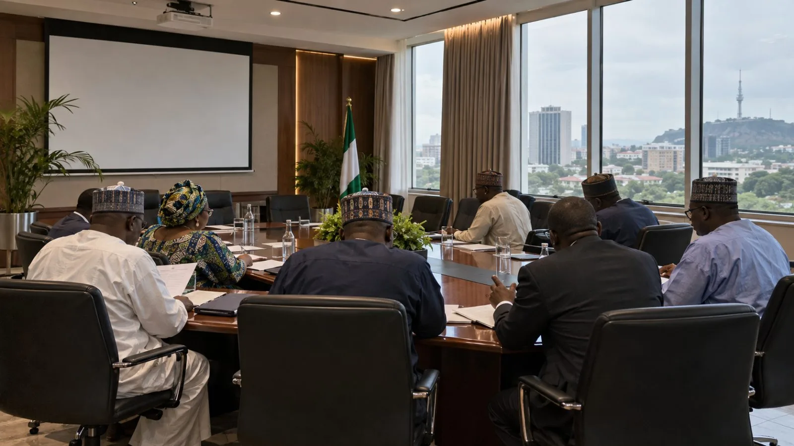 Officials sit around a conference table in a government meeting room in Abuja, Nigeria. (AI-generated image / EconoTimes)