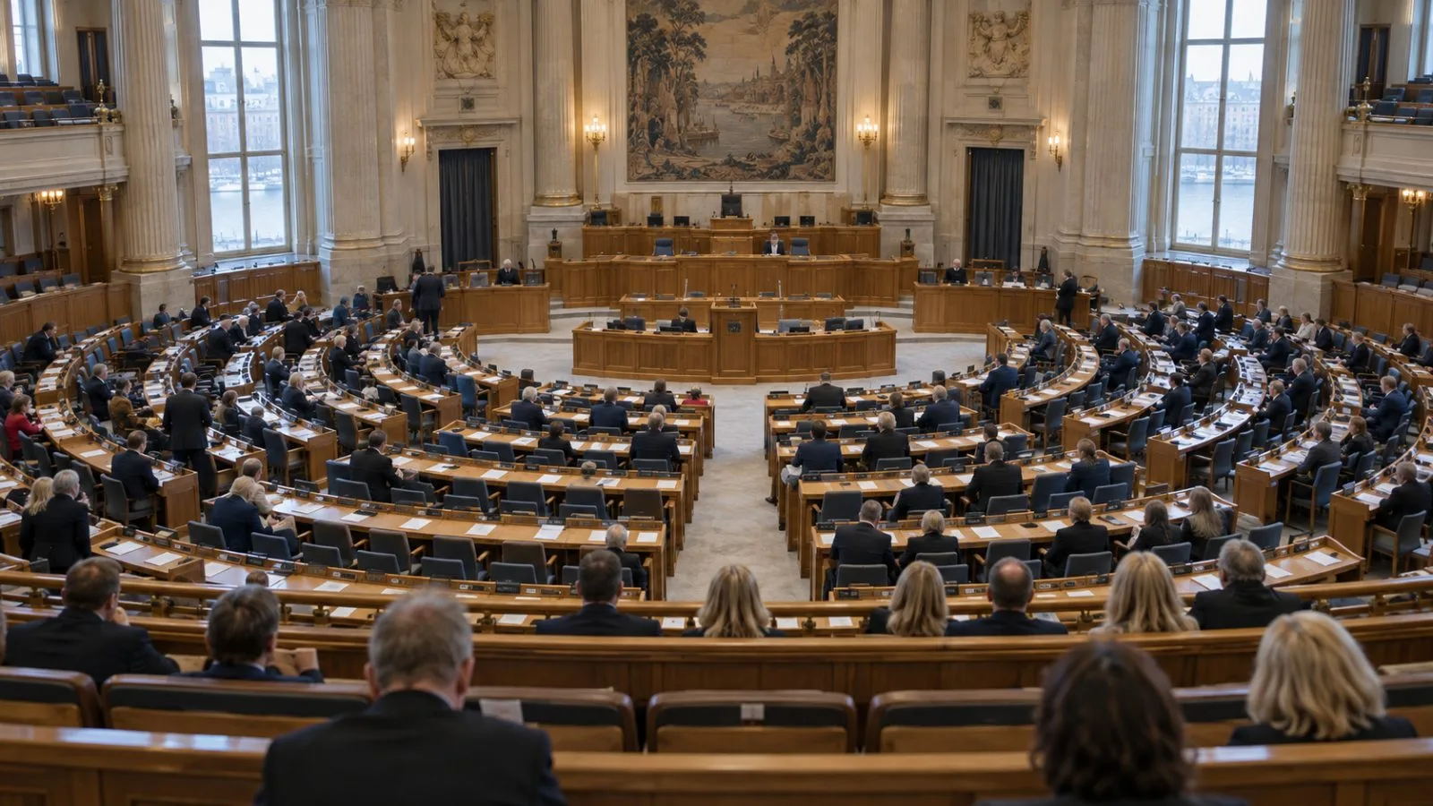 Lawmakers gather in the Riksdag chamber in Stockholm ahead of a prime minister vote. (AI-generated image / EconoTimes)