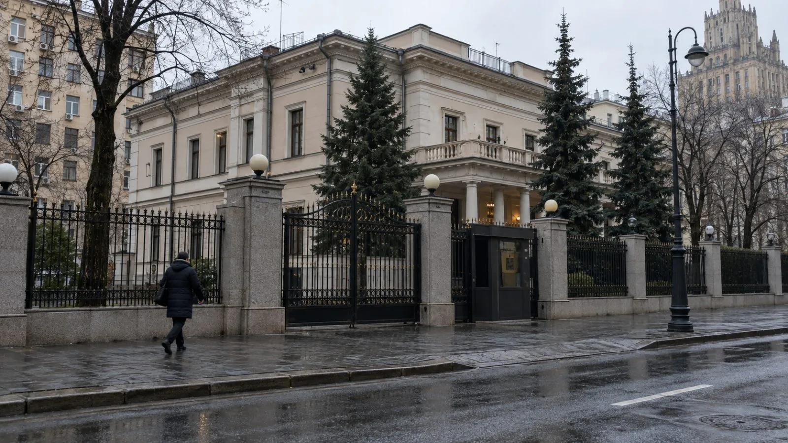 A pedestrian passes the Ugandan Embassy in Moscow beneath an overcast morning sky. (AI-generated image / EconoTimes)
