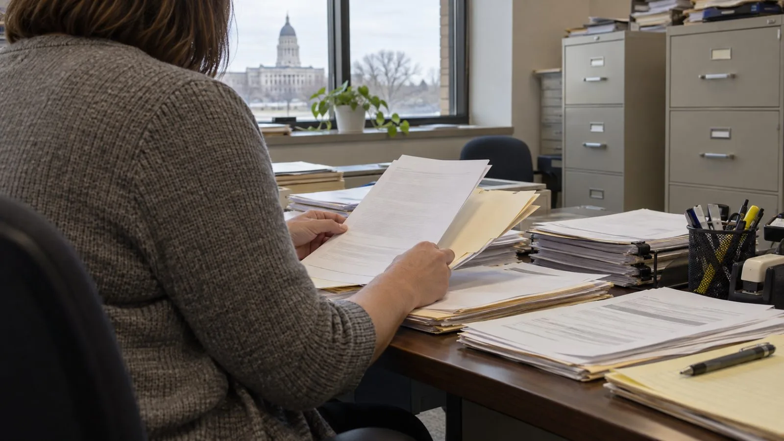 Election staff review voter registration records at the Kansas Secretary of State’s office in Topeka. (AI-generated image / EconoTimes)