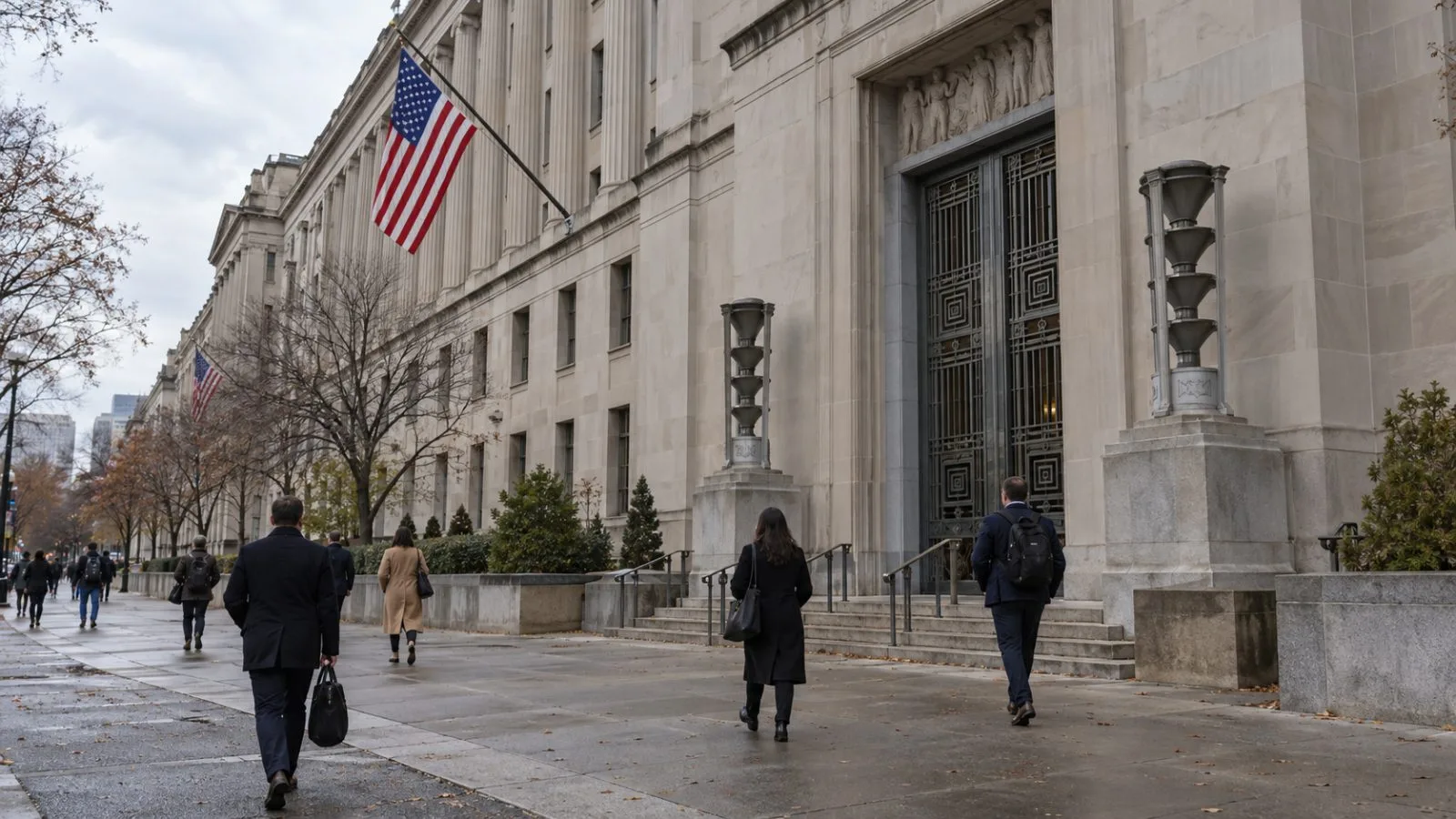 Pedestrians pass the U.S. Department of Justice headquarters in Washington, D.C. (AI-generated image / EconoTimes)