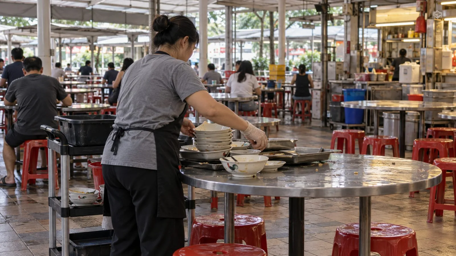 A food-service worker clears dishes at a hawker centre in Singapore. (AI-generated image / EconoTimes)
