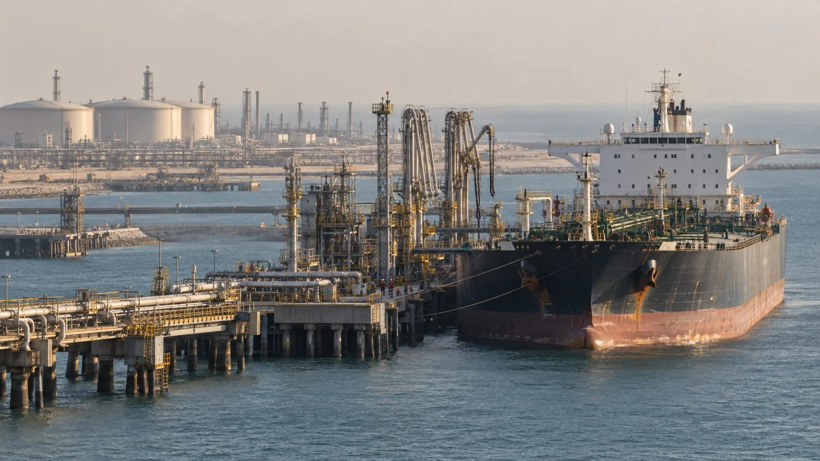 A crude tanker waits beside loading arms at the Ras Tanura oil terminal in Saudi Arabia. (AI-generated image / EconoTimes)
