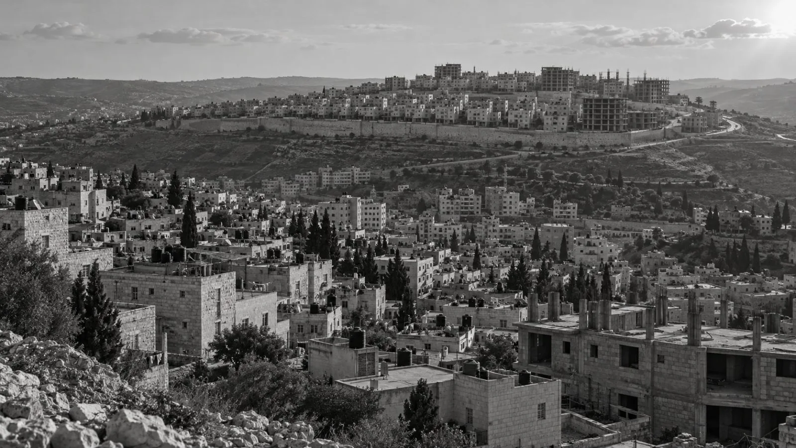 Settlement housing covers a ridge above Palestinian homes near Bethlehem in the occupied West Bank (AI-generated image / EconoTimes)
