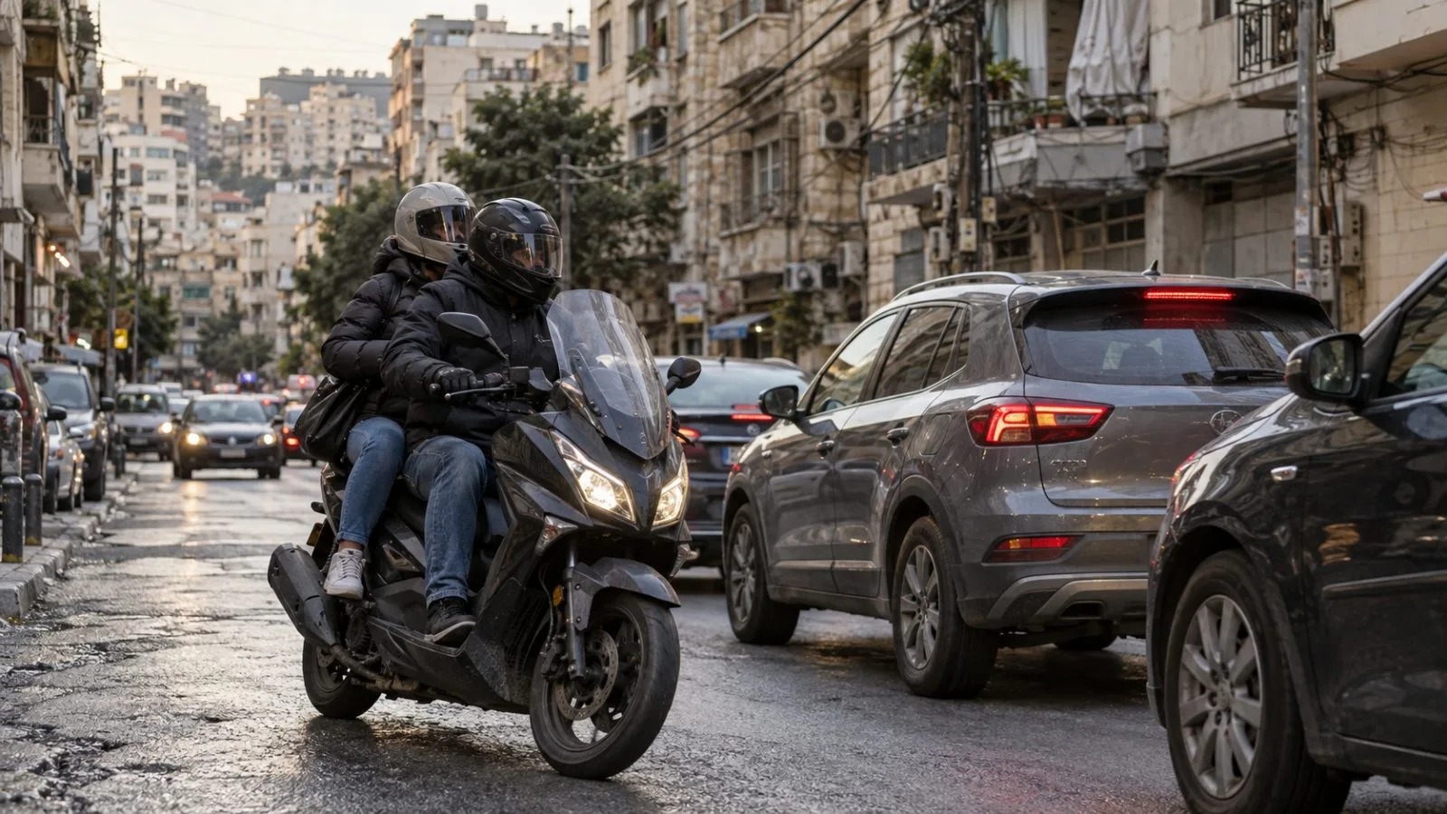 A motorcycle taxi carries a commuter through traffic in Ras Al Nabaa, Beirut (AI-generated image / EconoTimes)