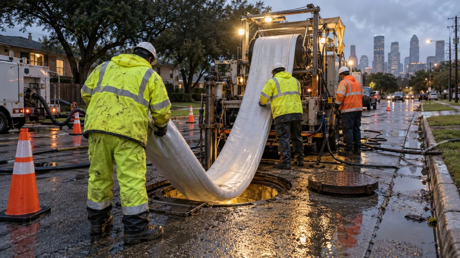 Drainage workers guide a pipe liner into a street access shaft in Houston, Texas. (AI-generated image / EconoTimes)
