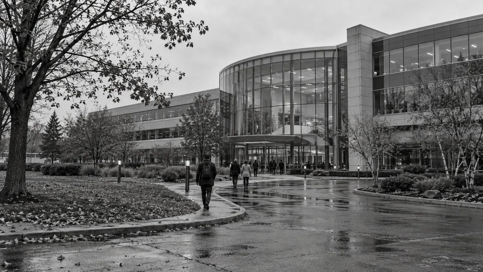 Employees walk toward Air Products’ headquarters near Allentown, Pennsylvania, on an overcast morning (AI-generated image / EconoTimes)