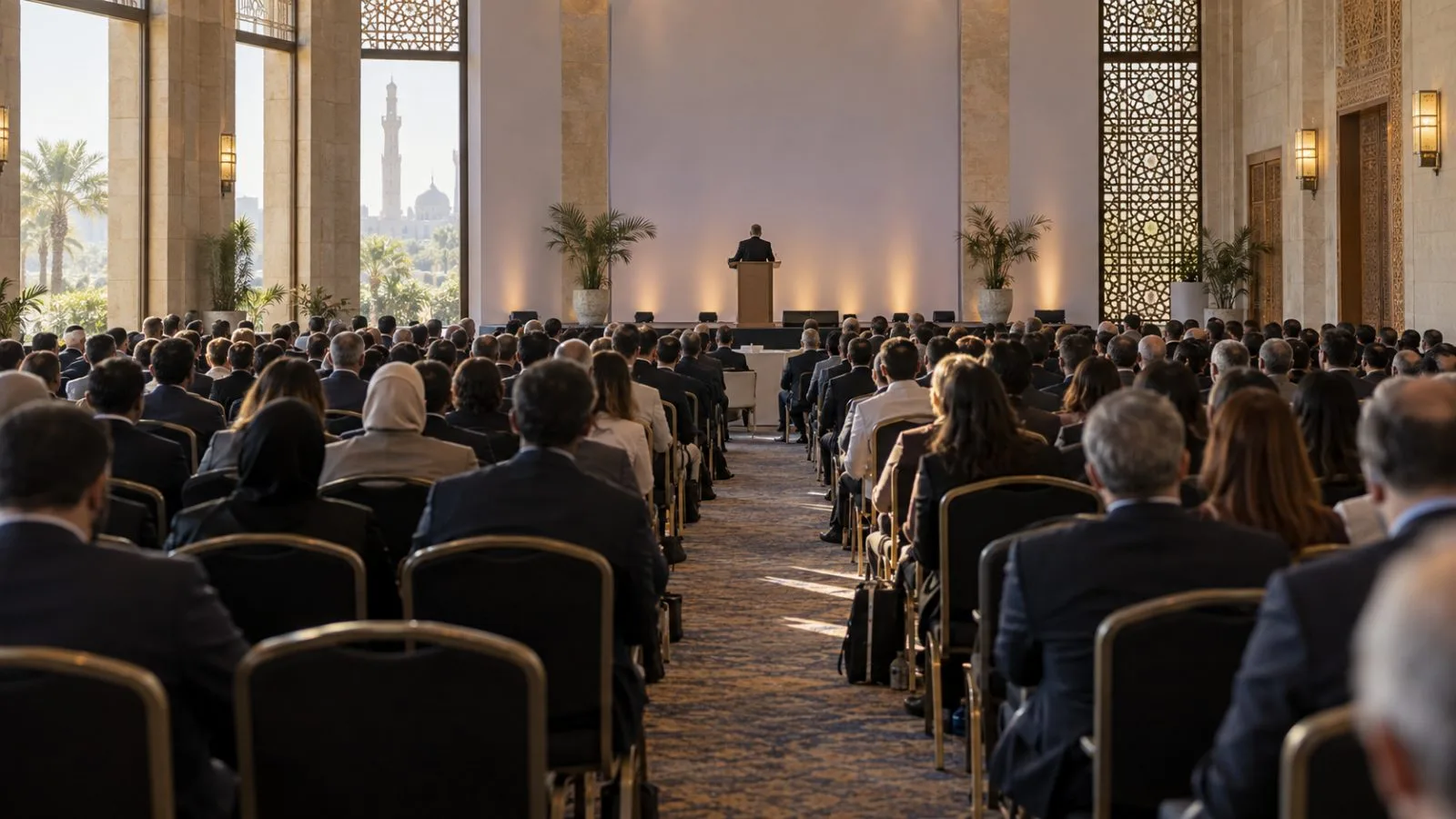 Delegates listen during a policy session at a conference hall in Cairo, Egypt (AI-generated image / EconoTimes)