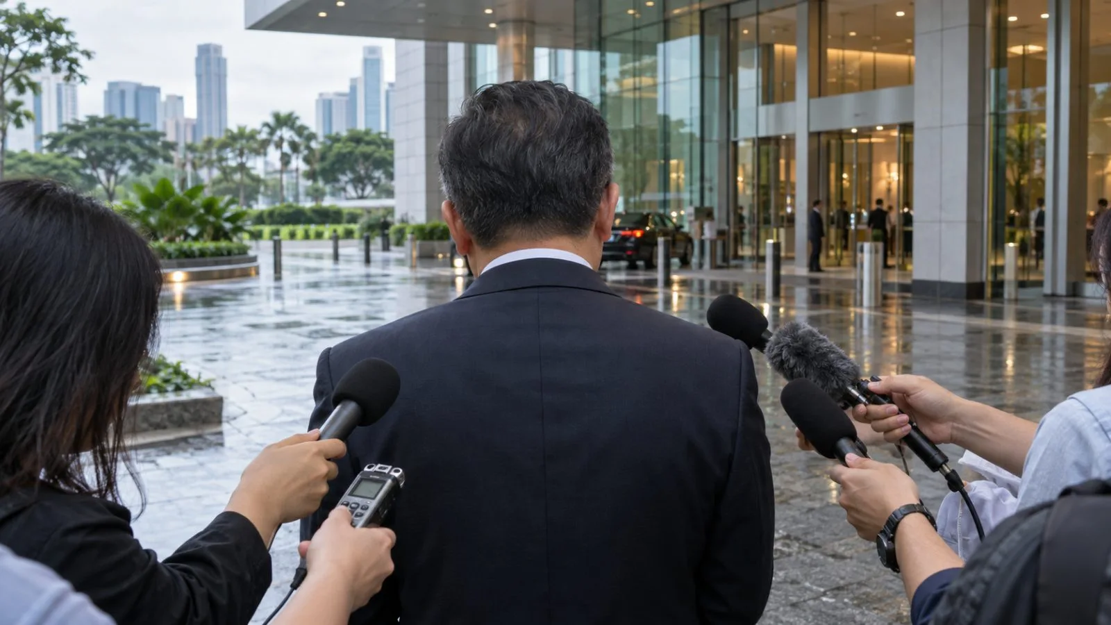 Reporters gather outside a conference venue in Singapore after party leaders meet. (AI-generated image / EconoTimes)