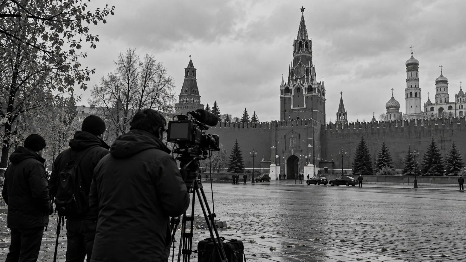 A television camera faces the Kremlin walls in central Moscow. (AI-generated image / EconoTimes)