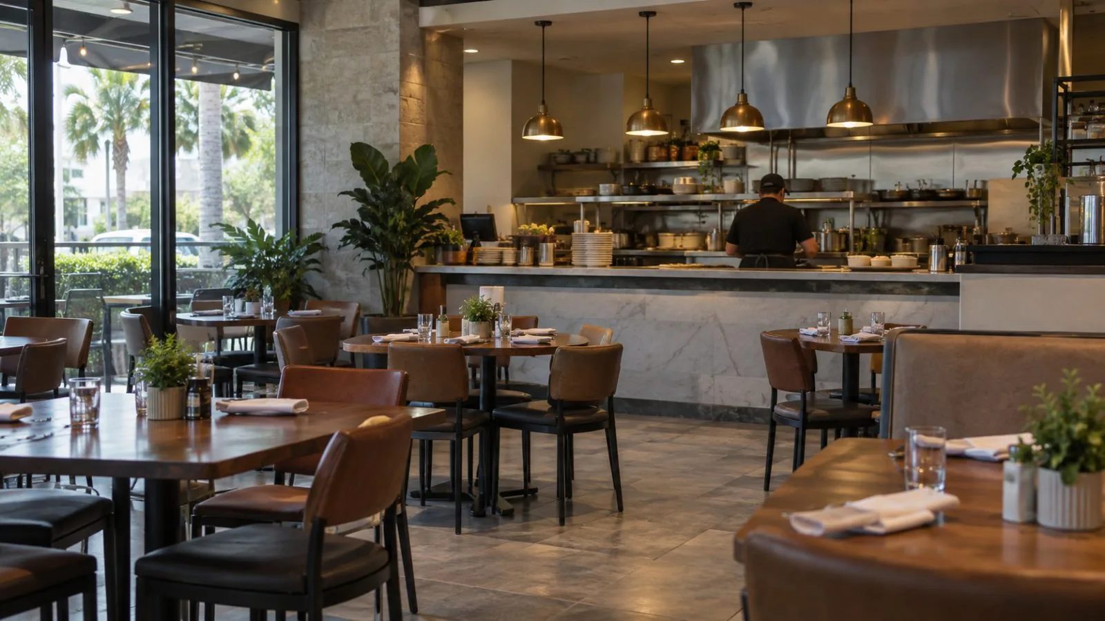 Empty tables fill a restaurant dining room in Doral, Florida. (AI-generated image / EconoTimes)