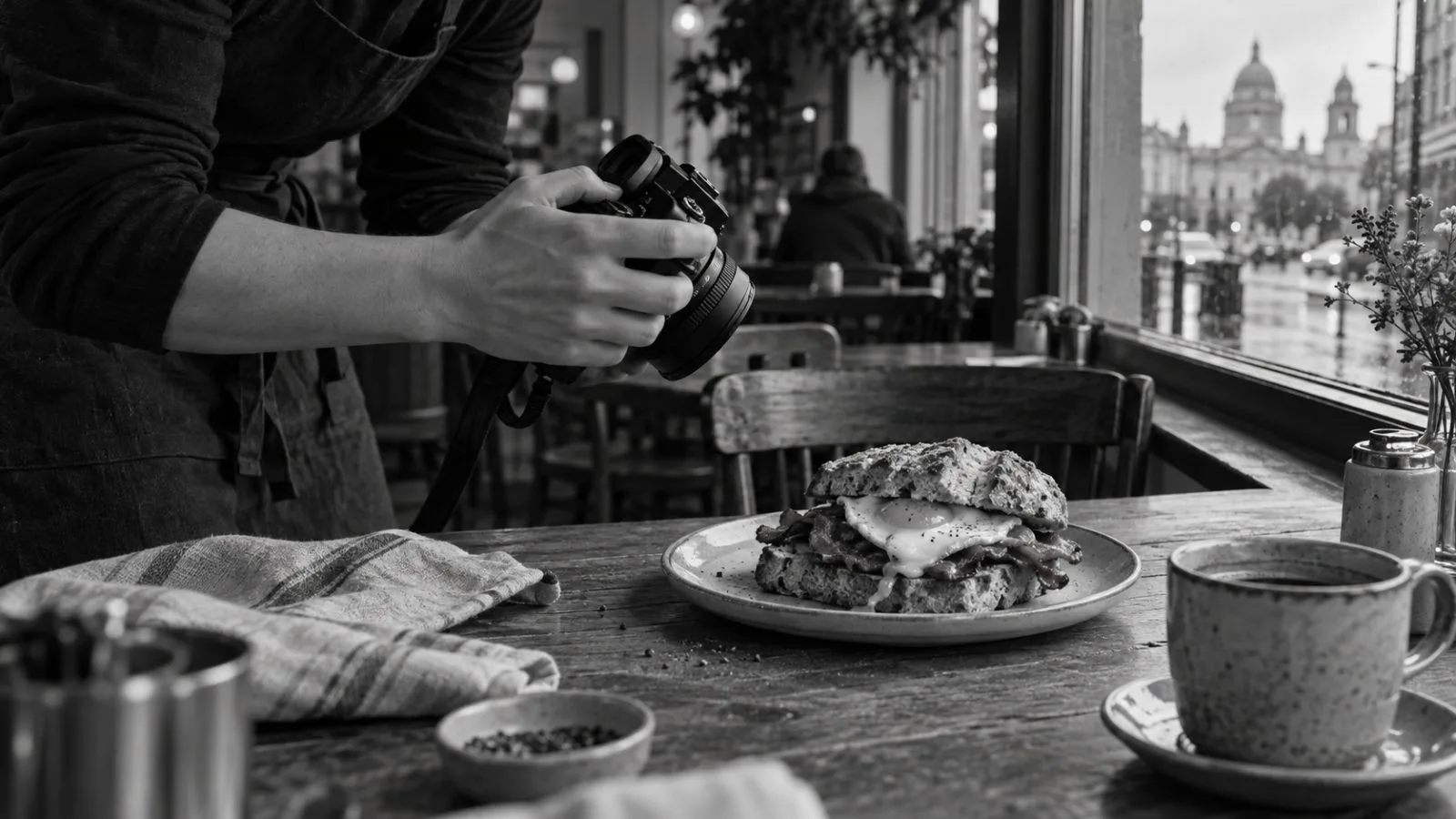 A bacon-and-egg soda bread sits on a cafe table in Belfast, Northern Ireland (AI-generated image / EconoTimes)