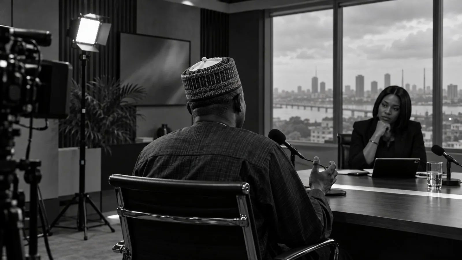 A guest speaks beneath studio lights during a current-affairs interview in Lagos, Nigeria. (AI-generated image / EconoTimes)