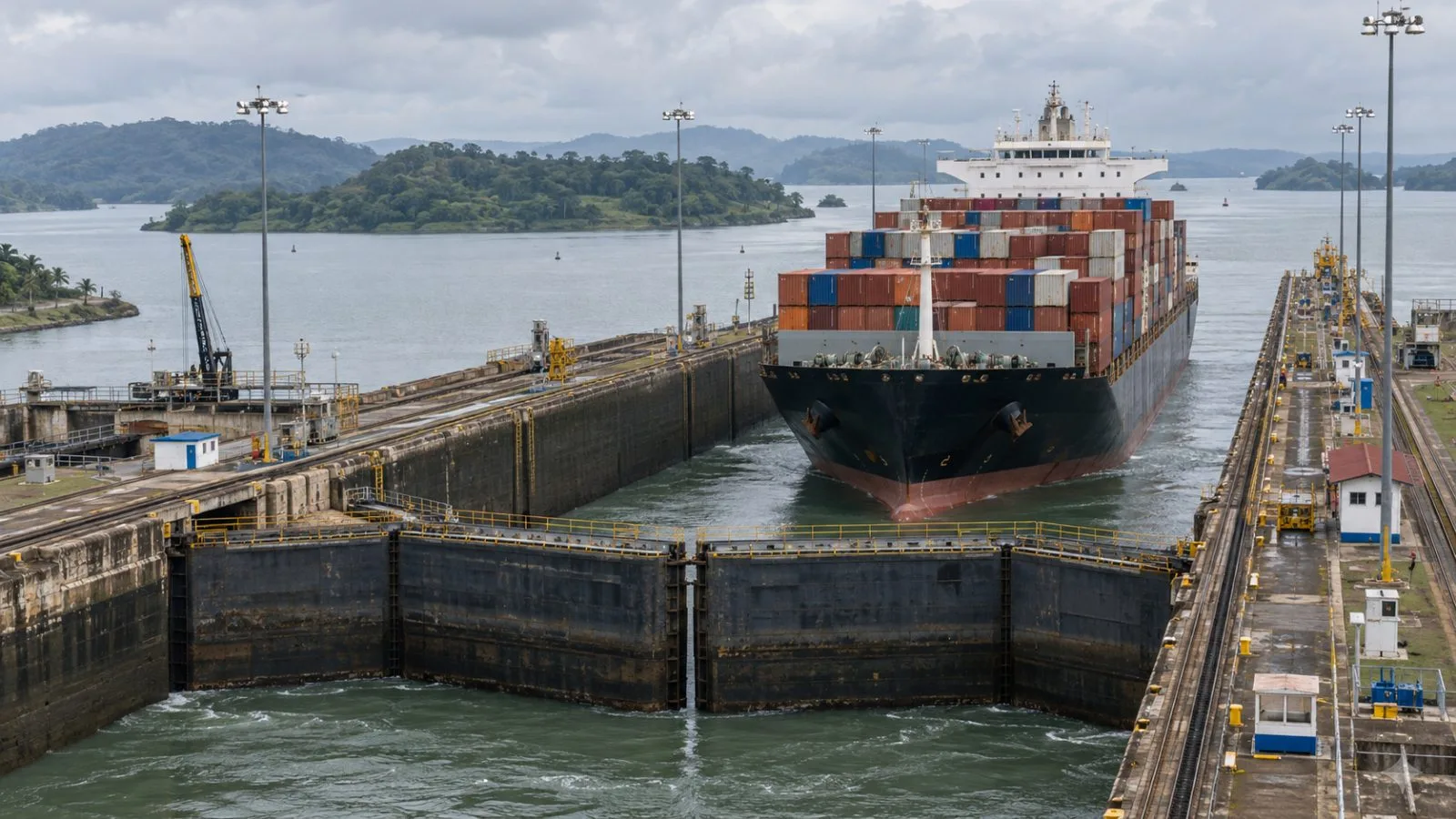 A container ship moves through the Gatún Locks near Colón, Panama. (AI-generated image / EconoTimes)
