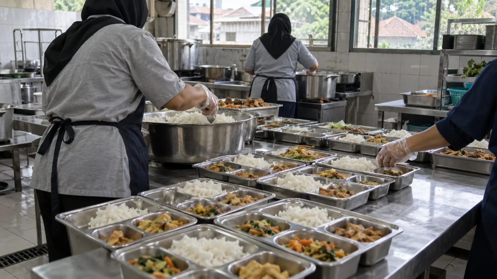 Kitchen workers portion rice and side dishes into school meal trays in Jakarta, Indonesia. (AI-generated image / EconoTimes)