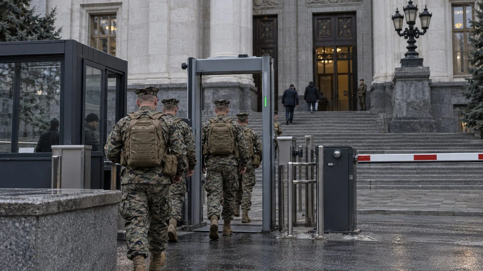 Uniformed personnel enter a military command building in Kyiv under overcast afternoon light. (AI-generated image / EconoTimes)