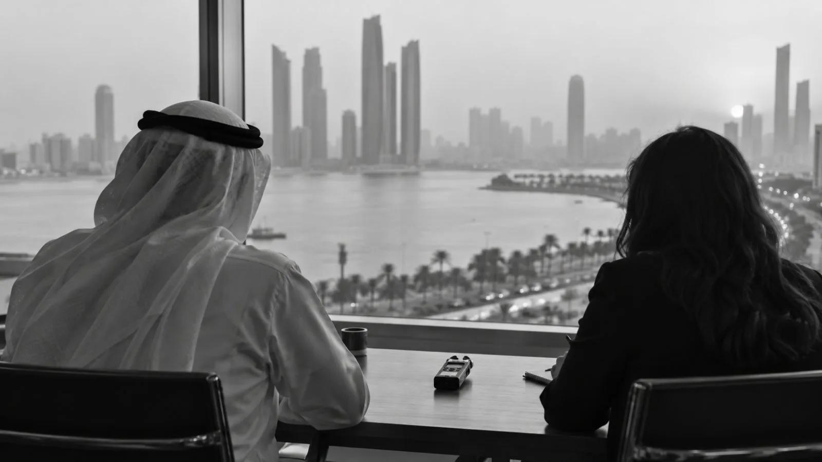 Two interview participants sit across an audio recorder in an Abu Dhabi newsroom. (AI-generated image / EconoTimes)