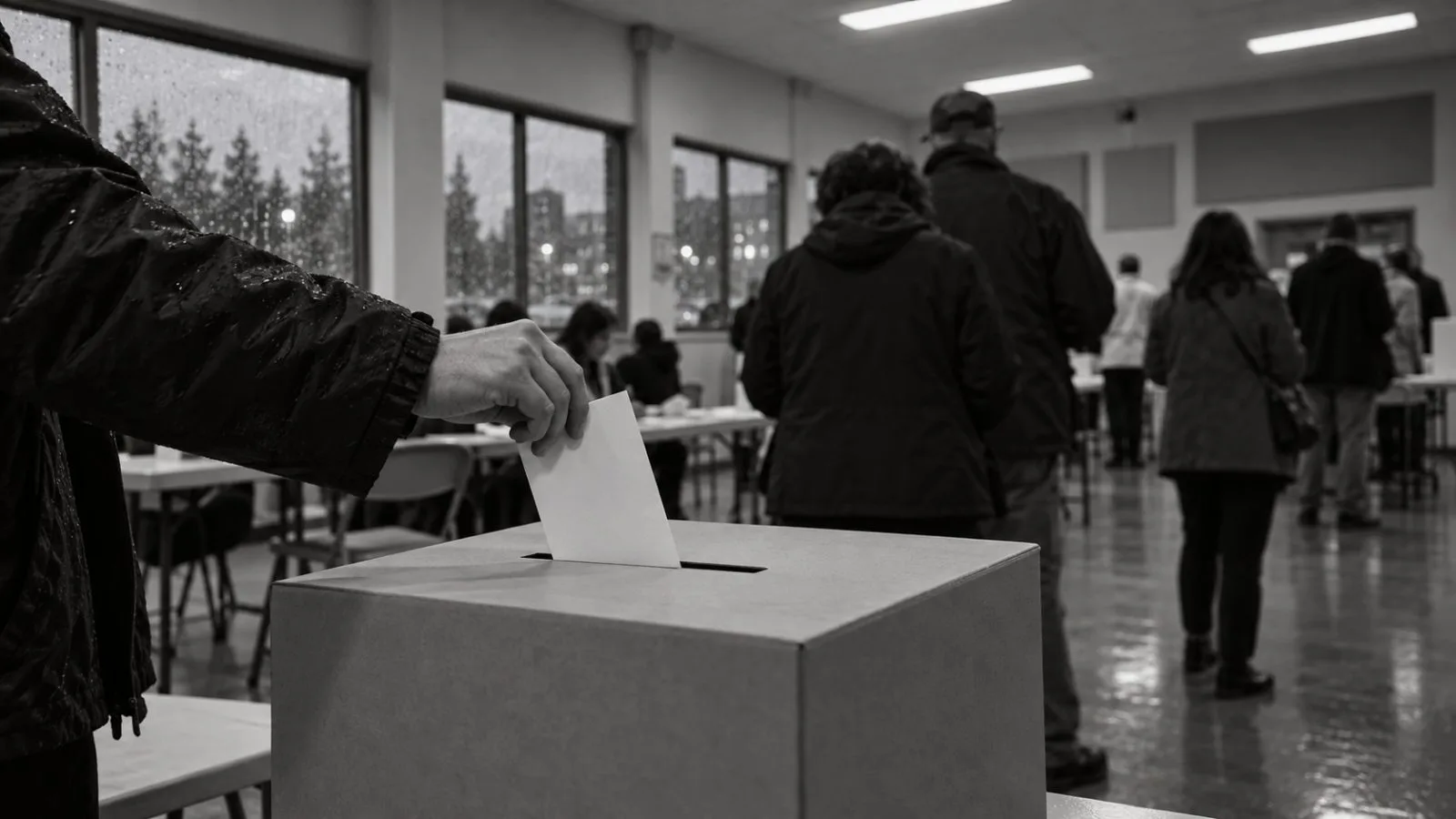A voter places a ballot in a box at a Vancouver polling station. (AI-generated image / EconoTimes)