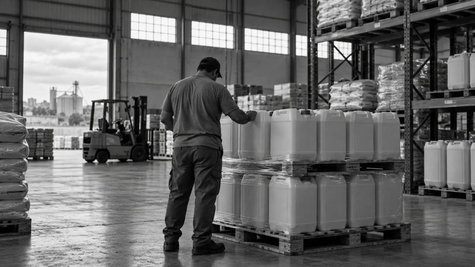 Sealed crop-protection containers sit in an agricultural distributor’s warehouse in Londrina, Brazil. / EconoTimes.ai