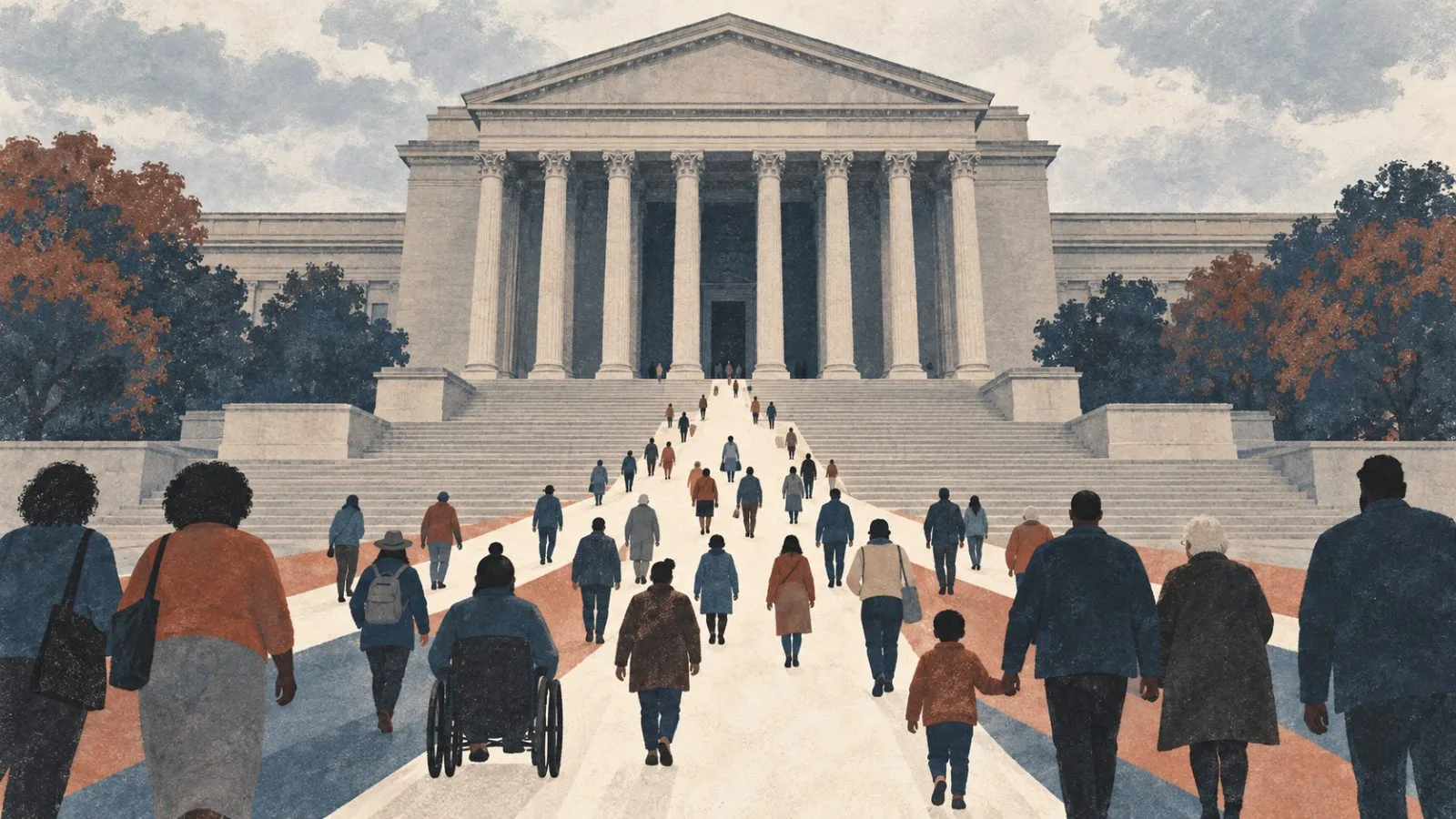 Visitors approach the National Archives in Washington, D.C., beneath a gray afternoon sky. (AI-generated image / EconoTimes)