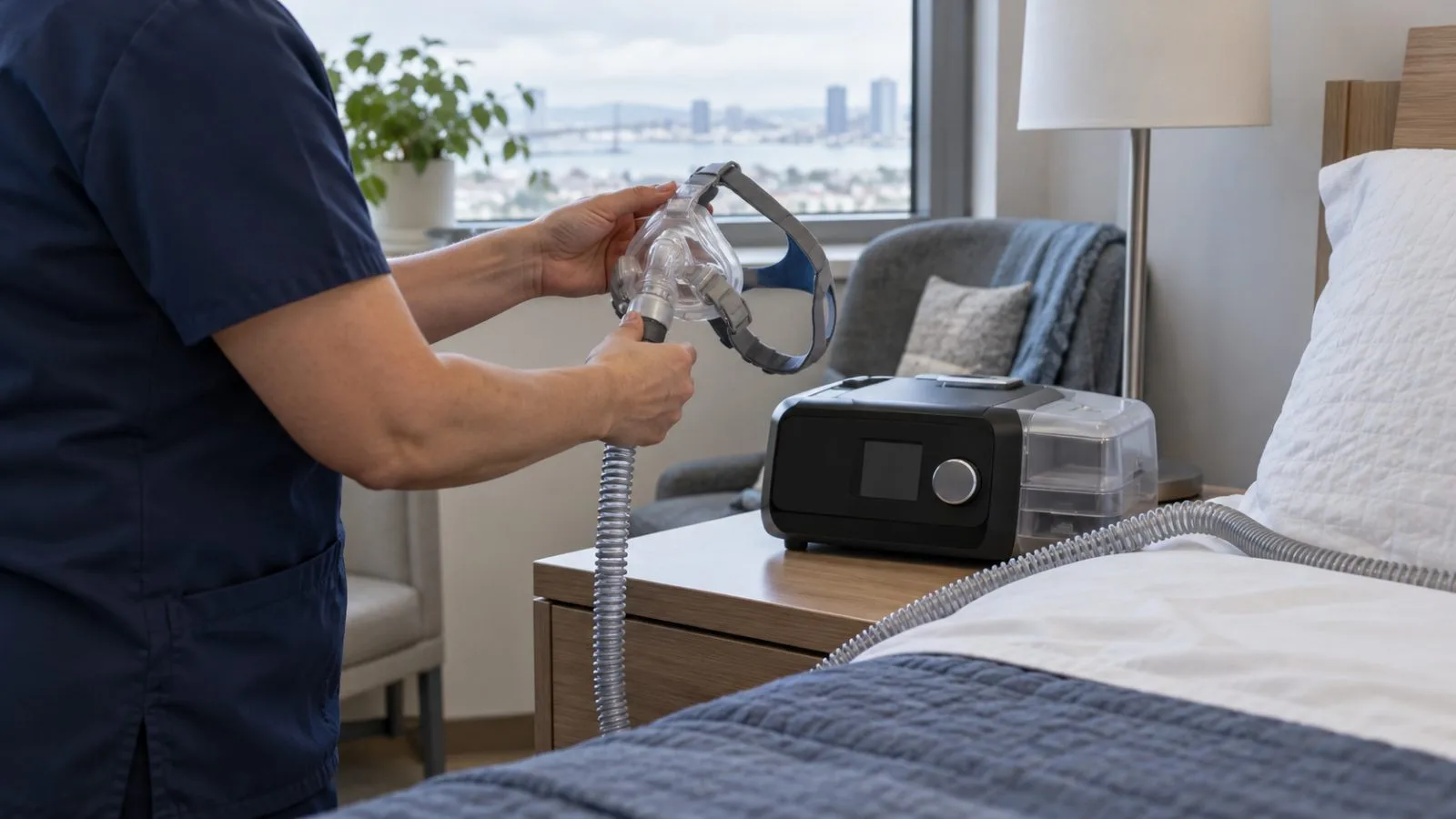 A CPAP machine and mask sit beside a sleep-study bed in San Diego, California (AI-generated image / EconoTimes)