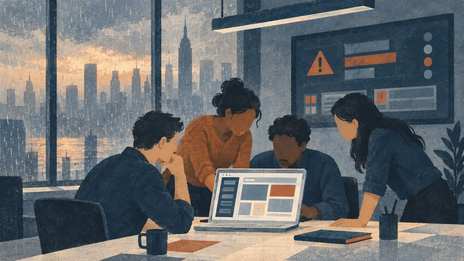 Software engineers work around a laptop in a Manhattan office in New York. (AI-generated image / EconoTimes)