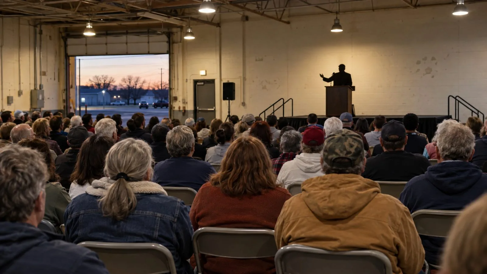 Supporters face a campaign stage during a rally in Port Huron, Michigan. (AI-generated image / EconoTimes)