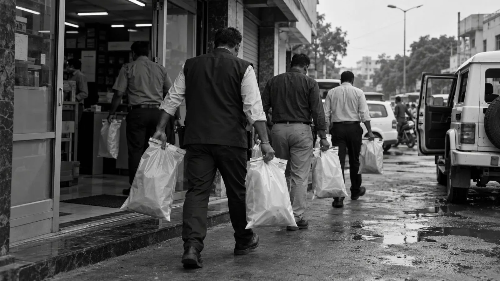 Investigators carry sealed evidence cartons outside a commercial building in Bhavnagar, Gujarat. / EconoTimes.ai (mono)