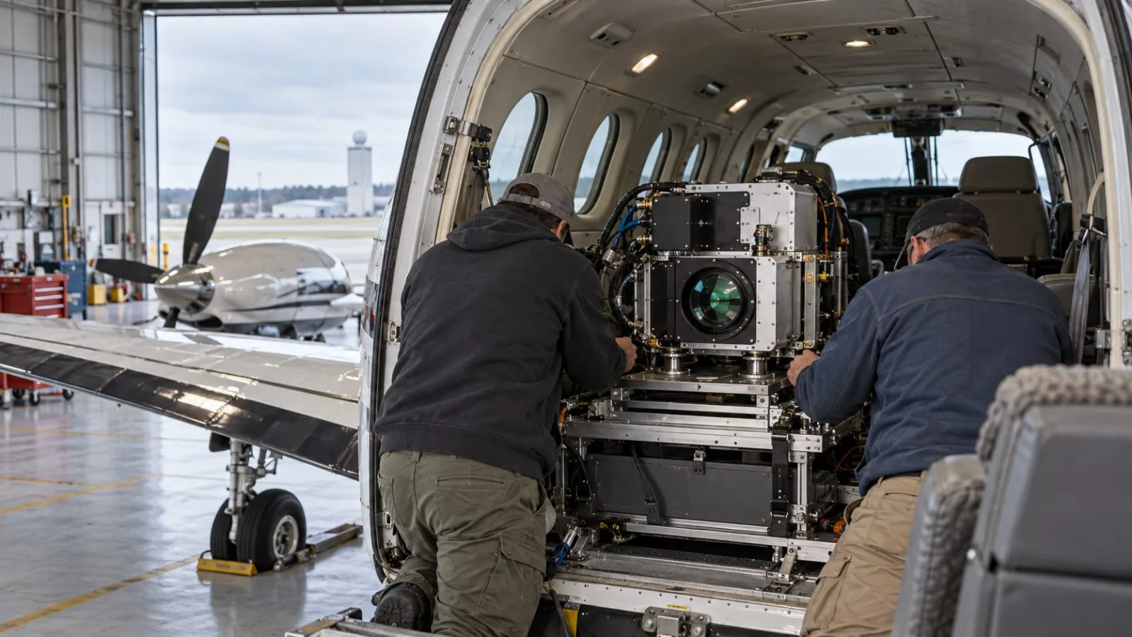 Technicians secure an instrument inside a research aircraft at NASA Langley in Hampton, Virginia. (AI-generated image / EconoTimes)