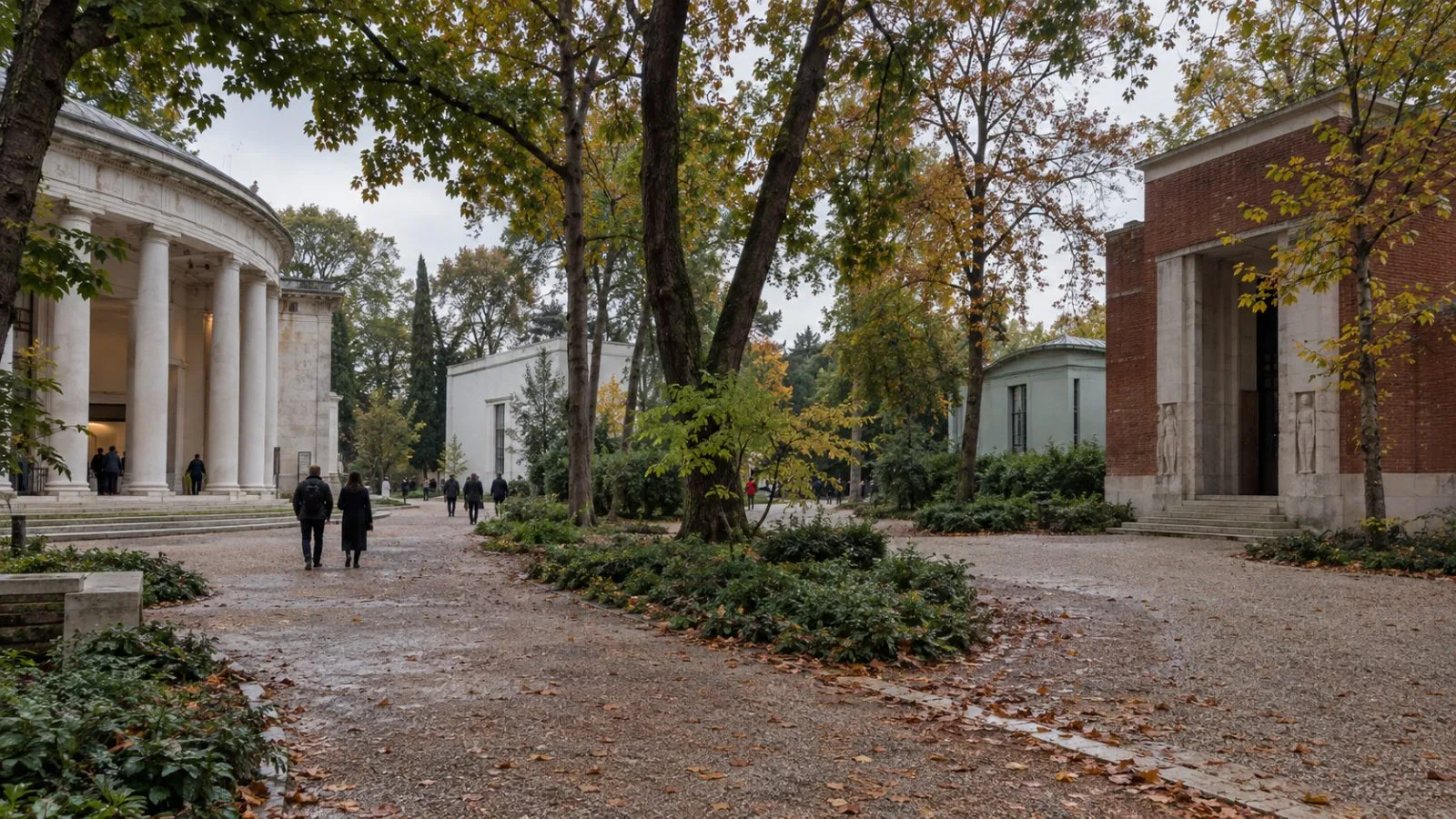 Visitors walk among exhibition pavilions at the Giardini della Biennale in Venice. (AI-generated image / EconoTimes)