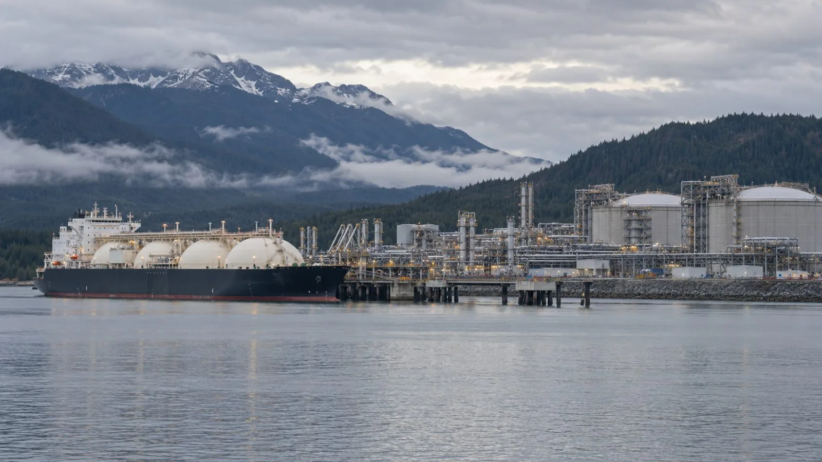 An LNG carrier sits beside export infrastructure at Kitimat, British Columbia, Canada. (AI-generated image / EconoTimes)