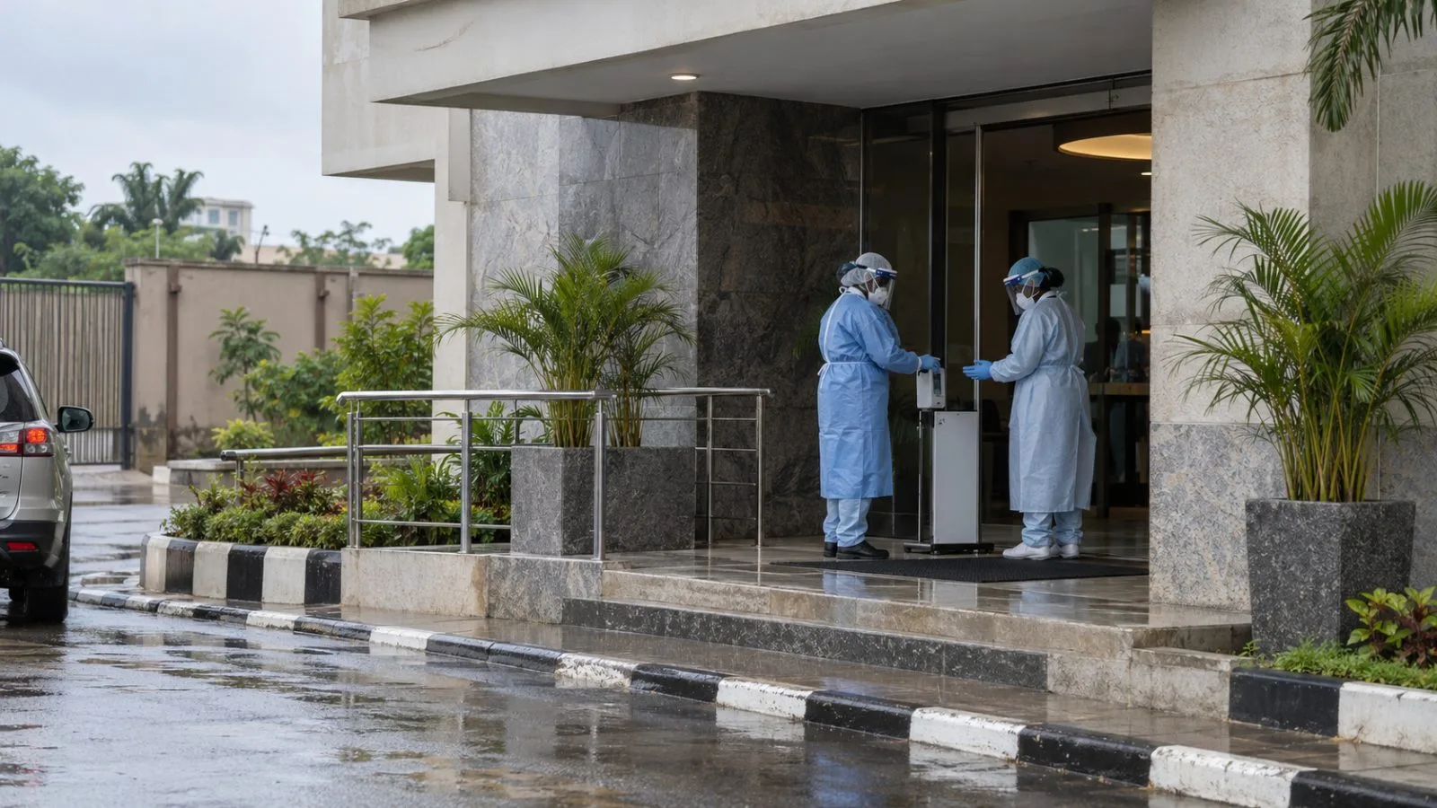 Health workers in protective clothing stand outside a private medical facility in Abuja (AI-generated image / EconoTimes)