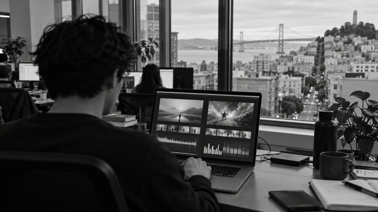 A laptop displays competing AI video generation benchmark charts in a San Francisco workspace (AI-generated image / EconoTimes)