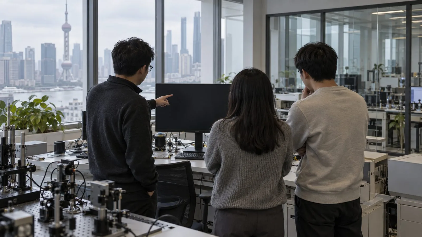 Researchers confer beside a computer in an AI laboratory in Shanghai, China. (AI-generated image / EconoTimes)