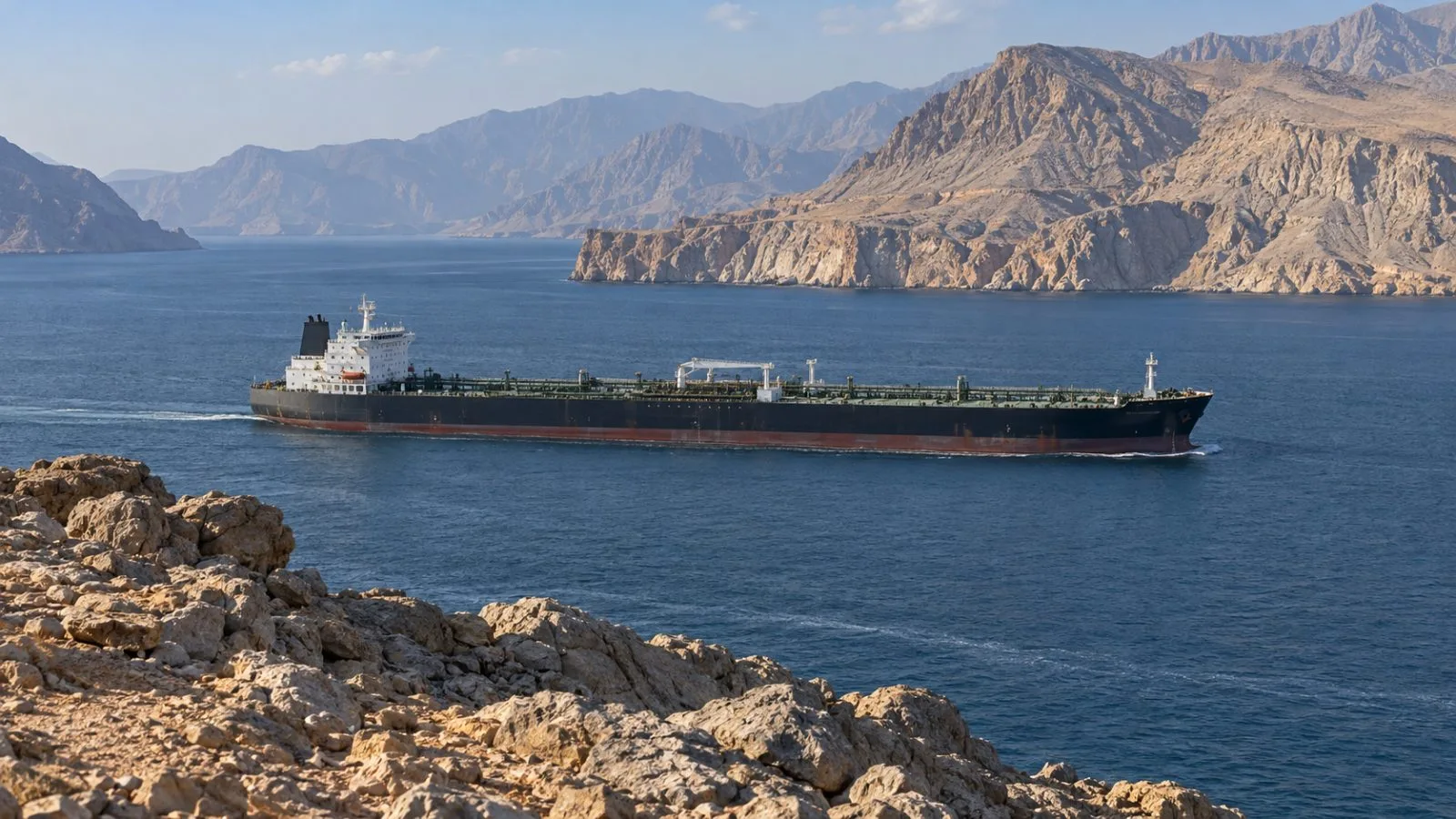 An oil tanker passes the Musandam coast near Khasab, Oman. (AI-generated image / EconoTimes)